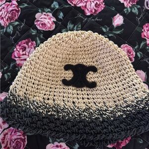 Celine Two-Tone Crochet Beanie in Beige and Black Trim